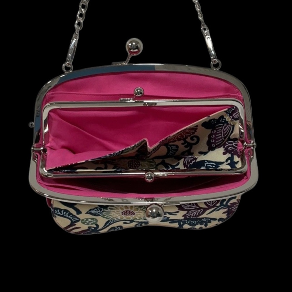 NEW Arabesque Floral Print Fabric Double Kiss Lock Handbag Bright Pink Lining - Picture 6 of 10